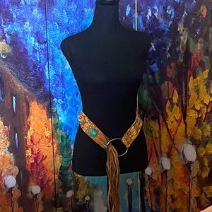 Cute hippie style fringe belt with blue center stone piece